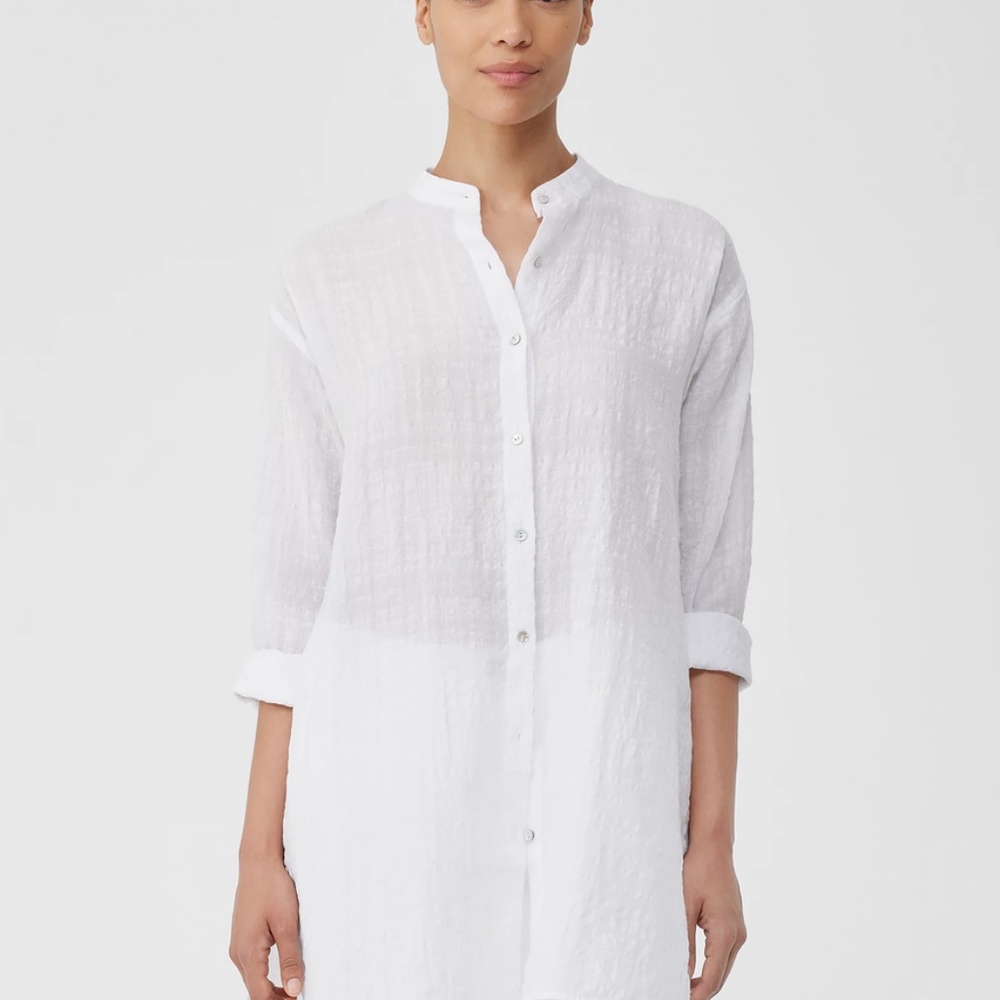 Eileen Fisher Linen Cotton Sheer Check Mandarin Collar Long Shirt in XL